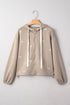 Contrast Bow Embroidered Satin Drawstring Zip Front Hooded Drop Shoulder Jacket